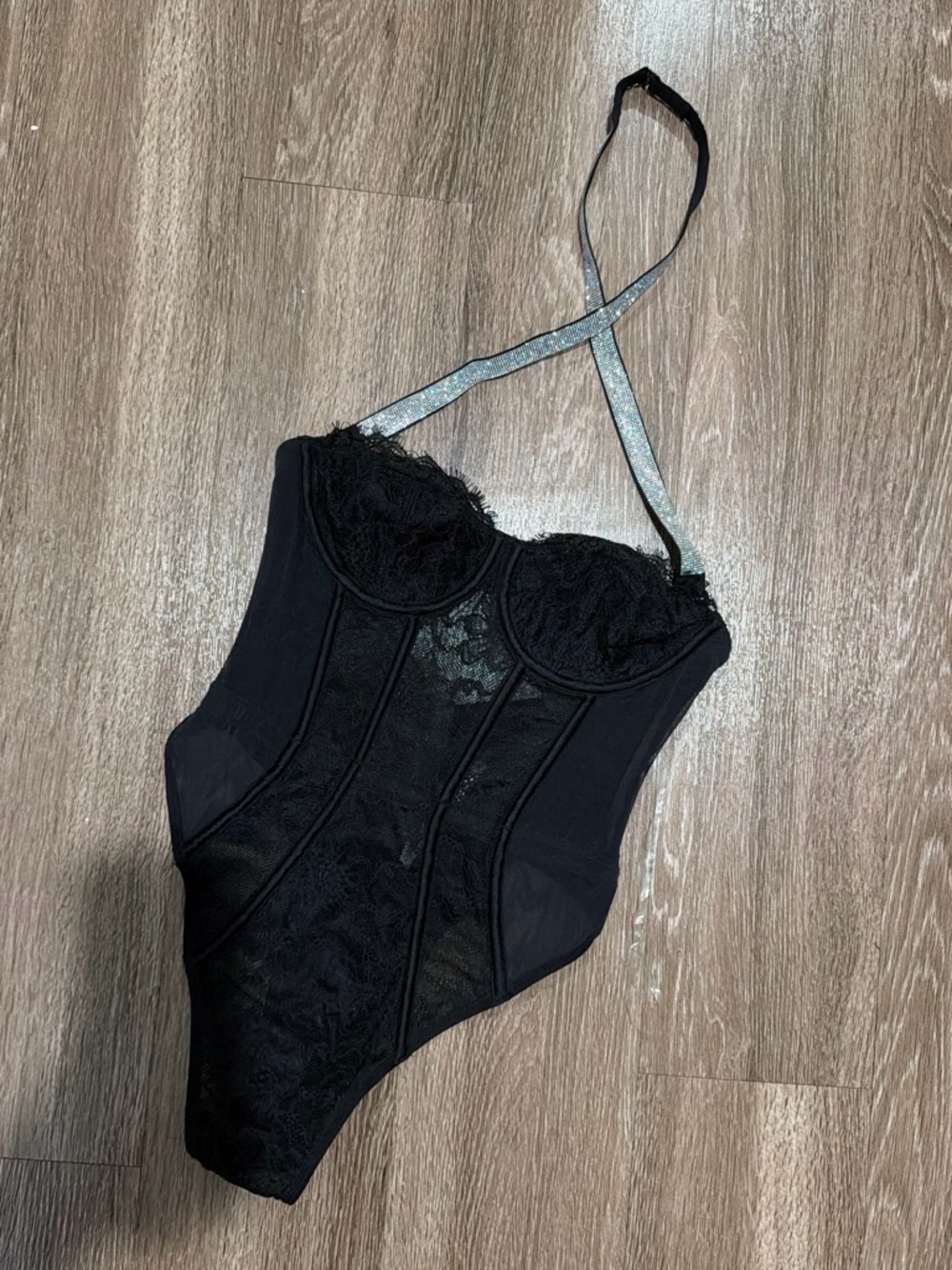 Victoria's Secret Black Lace Underwire Bodysuit with Metallic Strap